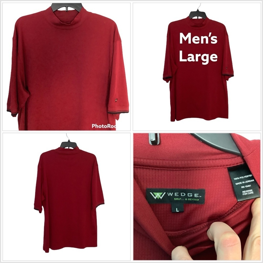 Men's WEDGE L Large Golf Shirt Mockneck Red Burgundy Short Sleeve Top Dri Fit